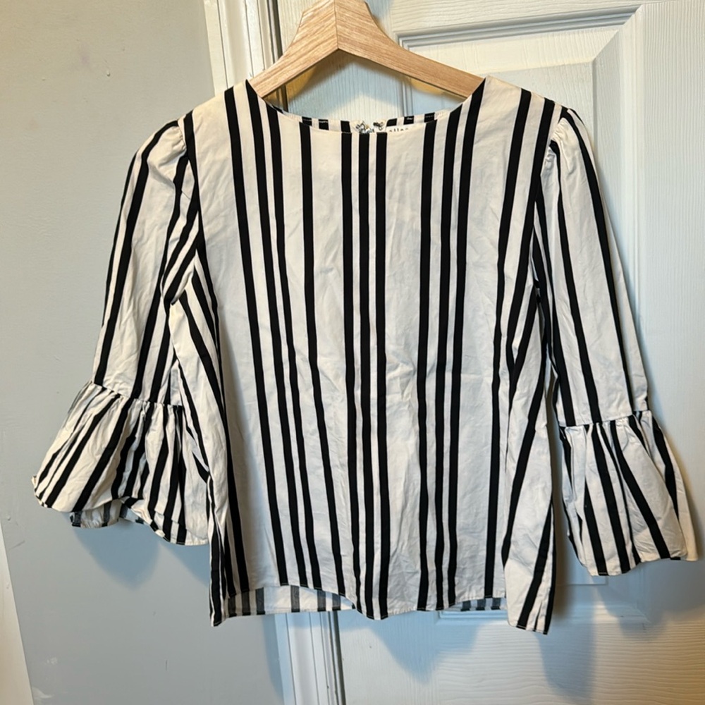 Alice + Olivia Bernice Striped Black White Ruffle 3/4 Sleeve Coquette Top XS/TP